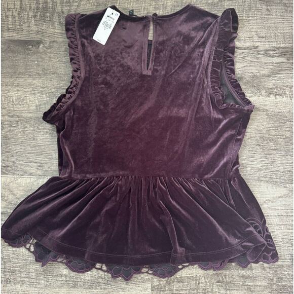 Express Velvet Crew Neck Lace Embroidered Peplum Top Size Medium Merlot $78 - Picture 11 of 11